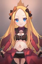 Rule 34 | 1girl, abigail williams (fate), blonde hair, blue eyes, blush, bow, breasts, chloe von einzbern, chloe von einzbern (cosplay), closed mouth, cosplay, dual wielding, fate/grand order, fate/kaleid liner prisma illya, fate (series), forehead, hair bow, half updo, highres, holding, long hair, long sleeves, looking at viewer, miya (miyaruta), multiple hair bows, navel, orange bow, parted bangs, small breasts, smile, stomach tattoo, sword, tattoo, thighs, weapon