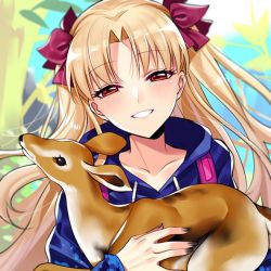 Rule 34 | 1girl, animal, blonde hair, blue sweater, bow, carrying, collarbone, day, deer, ereshkigal (fate), ereshkigal (traveling outfit) (fate), fate/grand order, fate (series), floating hair, grin, hair bow, head tilt, holding, holding animal, long hair, looking at viewer, outdoors, red bow, red eyes, smile, solo, sweater, upper body, very long hair, yaoshi jun