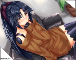 Rule 34 | 1girl, android, black hair, blush, brown dress, brown eyes, brown sweater, commentary request, couch, dress, dutch angle, fate/grand order, fate (series), hair ribbon, hand to own mouth, highres, joints, katou danzou (fate), long hair, looking at viewer, off-shoulder, off-shoulder dress, off-shoulder sweater, off shoulder, plant, potted plant, purple ribbon, ribbon, robot joints, sebire, sitting, sleeves past wrists, smile, solo, sweater, sweater dress, twitter username
