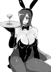 Rule 34 | 184nx, animal ears, blush, bow, bowtie, breasts, cleavage, cocktail glass, cup, detached collar, drinking glass, fake animal ears, glass, hair over one eye, large breasts, leotard, monochrome, pantyhose, parasoul (skullgirls), playboy bunny, rabbit ears, rabbit tail, sitting, skullgirls, sweatdrop, tail, tray