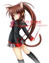 Rule 34 | 1girl, animal ears, bow, brown hair, cat ears, cat tail, cat teaser, chibinon, flat chest, kemonomimi mode, little busters!, long hair, looking back, natsume rin, pink bow, plaid, plaid skirt, ponytail, red eyes, school uniform, skirt, solo, tail