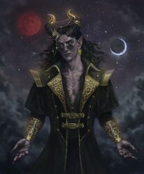 Rule 34 | 1boy, absurdres, bbergolts, black hair, black jacket, black sclera, cloud, colored sclera, crescent moon, demon boy, earrings, glasses, gold trim, highres, horns, jacket, jewelry, long hair, looking at viewer, moon, night, original, red moon, round eyewear, sky, solo, star (sky), starry sky, yellow eyes