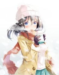 Rule 34 | 1girl, aqua skirt, beanie, black gloves, black hair, blue eyes, blurry, blush, breasts, buttons, coat, commentary request, cup, depth of field, disposable cup, enpera, fur-trimmed sleeves, fur trim, gloves, hair between eyes, hat, highres, holding, holding cup, long coat, long hair, long sleeves, looking at viewer, md5 mismatch, medium breasts, miniskirt, open clothes, open coat, orange scarf, original, parted lips, pleated skirt, resolution mismatch, ribbed sweater, scarf, shiro kuma shake, sidelocks, skirt, snowing, solo, source smaller, standing, sweater, tareme, upper body, white background, white hat, white sweater, wing collar, winter, winter clothes, yellow coat