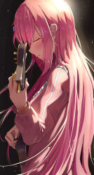 Rule 34 | 1girl, absurdres, bocchi the rock!, closed eyes, from side, gotoh hitori, guitar, highres, instrument, jacket, light particles, long hair, long sleeves, music, nayuyu1105, parted lips, pink hair, pink jacket, playing instrument, plectrum, profile, smile, solo, track jacket, very long hair