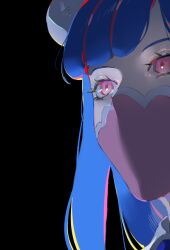 Rule 34 | 1girl, black background, blue hair, collared shirt, covered mouth, curled horns, dinosaur girl, horns, long hair, mask, mouth mask, multicolored hair, one piece, pink eyes, pink hair, pink mask, raine (acke2445), shirt, simple background, solo, streaked hair, ulti (one piece), upper body