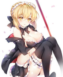 Rule 34 | 1girl, artoria pendragon (all), artoria pendragon (alter swimsuit rider) (fate), artoria pendragon (alter swimsuit rider) (second ascension) (fate), artoria pendragon (fate), bikini, black skirt, black thighhighs, blonde hair, blush, braid, breasts, bridal garter, cleavage, fate/grand order, fate (series), french braid, frilled skirt, frills, hair between eyes, hood, hoodie, knees up, large breasts, looking at viewer, maid, maid bikini, maid headdress, medium breasts, open clothes, open hoodie, parted lips, pingo, saber alter, sidelocks, sitting, skirt, solo, swimsuit, thighhighs, thighs, unconventional maid, yellow eyes