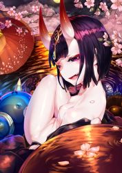 Rule 34 | 1girl, :d, alcohol, arms at sides, blush, bob cut, breasts, cherry blossoms, collarbone, cup, eyelashes, eyeshadow, fang, fangs, fate/grand order, fate (series), feet, food, from above, from behind, fruit, full moon, gourd, grapes, half-closed eyes, headpiece, highres, horns, legs, legs together, looking at viewer, looking back, makeup, mandarin orange, moon, night, nude, oil-paper umbrella, open mouth, outdoors, petals, purple eyes, purple hair, ripples, sakazuki, short eyebrows, short hair, shuten douji (fate), sitting, skin-covered horns, small breasts, smile, solo, teeth, tree, twisted neck, umbrella, water, wei yu