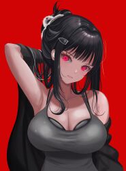 Rule 34 | 1girl, absurdres, arm behind head, bare shoulders, black bra, black dress, black hair, black sweater, bra, breasts, collarbone, d (killer wife) (nikke), d (nikke), dongtan dress, dress, earpiece, glowing, glowing eyes, goddess of victory: nikke, grin, hair ornament, hairclip, heart, heart necklace, highres, jewelry, large breasts, light blush, long hair, looking at viewer, meme attire, necklace, official alternate costume, red background, red eyes, simple background, smile, solo, sumin000022, sweater, underwear