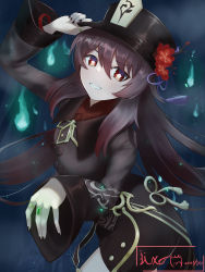 Rule 34 | 1girl, :d, absurdres, black dress, black nails, chinese commentary, commentary request, dated, dress, flower, flower-shaped pupils, genshin impact, hat, hat flower, highres, holding, holding clothes, holding hat, hu tao (genshin impact), jewelry, jixo (user nzhc8728), long hair, long sleeves, looking at viewer, nail polish, open mouth, red eyes, ring, sidelocks, smile, solo, symbol-shaped pupils