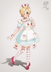 Rule 34 | 1girl, alternate costume, apron, blonde hair, blue dress, blush, bow, choker, closed mouth, collar, collarbone, cosplay, dated, dot nose, dress, dress bow, earrings, fake wings, flat chest, frilled collar, frilled skirt, frills, full body, hair over one eye, hand up, hat, heart, heart on chest, heart print, high heels, highres, idolmaster, idolmaster cinderella girls, idolmaster cinderella girls starlight stage, illust audio, jewelry, kneehighs, layered skirt, leg up, looking at viewer, low wings, nurse cap, open hands, pill earrings, red choker, red eyes, red footwear, ribbon, shadow, shirasaka koume, short hair, short sleeves, signature, skirt, smile, socks, solo, standing, standing on one leg, striped clothes, striped socks, thigh strap, wavy mouth, white apron, white background, white bow, white ribbon, white socks, white wrist cuffs, wings, wrist cuffs, yumemi riamu, yumemi riamu (cosplay)