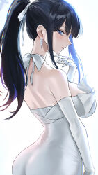 Rule 34 | 1girl, absurdres, ass, bare shoulders, black hair, blue archive, blue eyes, blue hair, blue halo, breasts, colored inner hair, commentary request, dress, earrings, elbow gloves, from behind, gloves, hair ribbon, halo, highres, jewelry, kazane-wind, large breasts, long hair, looking at viewer, looking to the side, multicolored hair, official alternate costume, ponytail, ribbon, saori (blue archive), saori (dress) (blue archive), simple background, solo, strapless, strapless dress, white background, white dress, white gloves, white ribbon