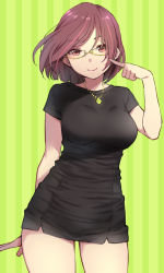 Rule 34 | 1girl, black dress, breasts, commentary request, copyright request, dress, duke (inu daimyou), glasses, green background, large breasts, looking at viewer, red hair, short hair, smile, solo, striped, thighs, vertical stripes