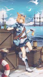 Rule 34 | 1girl, 9yuki, anchor, animal ears, arm rest, belt pouch, bird, black gloves, black sweater, blonde hair, blue jacket, blue shorts, blue sky, blurry, boots, bottle, braid, cat ears, cloud, crate, cross-laced footwear, crown braid, cup, day, depth of field, drink, eyewear on head, facial mark, fanny pack, final fantasy, final fantasy xiv, fingerless gloves, flock, from side, full body, gloves, green eyes, highres, holding, holding cup, holding drink, jacket, knee boots, lace-up boots, leaning back, leg up, lifebuoy, limsa lominsa, looking at viewer, miqo&#039;te, mountainous horizon, ocean, outdoors, pocket, pouch, scroll, short hair, shorts, single braid, sky, smile, solo, sparkle, sunglasses, sweater, swept bangs, swim ring, turtleneck, turtleneck sweater, warrior of light (ff14), water, white-framed eyewear, white footwear