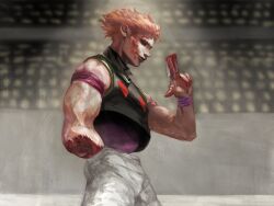 Rule 34 | 1boy, amputee, arena, blood, blood on face, blood on hands, bloody weapon, card, evil smile, feet out of frame, from side, guro, hair slicked back, half-closed eyes, highres, hisoka morow, holding, holding card, hunter x hunter, male focus, muscular, muscular male, red hair, shirt, short hair, sleeveless, sleeveless shirt, smile, solo, weapon, zrno