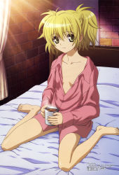 Rule 34 | 1girl, absurdres, amasaki manamu, antenna hair, bare legs, barefoot, bed, blonde hair, brick wall, brown eyes, cal devens, collarbone, cup, curtains, drei, dress shirt, drink, feet, flat chest, green eyes, hair between eyes, highres, holding, indoors, light rays, looking at viewer, megami magazine, messy hair, mug, naked shirt, no pants, non-web source, official art, open clothes, open shirt, phantom of inferno, ponytail, requiem for the phantom, scan, shirt, short hair, sitting, smile, solo, spread legs, steam, sunbeam, sunlight, toes, wariza