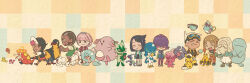 4boys 4girls anipoke_pr apron baseball_cap beard bird black_hair brown_hair captain_pikachu chansey closed_eyes creatures_(company) crocalor cup dark-skinned_male dark_skin dot_(pokemon) eating elekid facial_hair floragato friede_(pokemon) game_freak gen_1_pokemon gen_2_pokemon gen_8_pokemon goggles goggles_on_head grid_background hair_ornament hair_over_eyes hairclip hat hattrem highres holding holding_cup jacket kilowattrel laughing liko_(pokemon) long_hair ludlow_(pokemon) maushold mollie_(pokemon) multiple_boys multiple_girls murdock_(pokemon) nintendo old old_man open_mouth orla_(pokemon) pants pikachu pink_hair pokemon pokemon_(anime) pokemon_horizons purple_hair quagsire quaxwell roy_(pokemon) running shoes short_hair shorts simple_background sinistea teeth terapagos tinkatuff upper_teeth_only white_hair