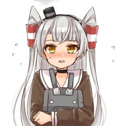 Rule 34 | 1girl, alternate hairstyle, amatsukaze (kancolle), blunt bangs, blush, choker, cocoperino, commentary request, hair tubes, hairband, highres, kantai collection, long hair, rensouhou-kun, silver hair, sweatdrop, two side up, uniform, yellow eyes