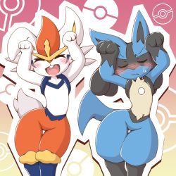 Rule 34 | acky, arms up, blush, caramelldansen, cinderace, commentary request, creatures (company), embarrassed, closed eyes, fang, furry, game freak, gen 4 pokemon, gen 8 pokemon, highres, lucario, nintendo, open mouth, outline, poke ball symbol, pokemon, pokemon (creature), sweatdrop, thigh gap, tongue, yellow fur