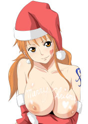 Rule 34 | 1girl, bare shoulders, breasts, breasts out, cleavage, dashigara 100, hat, large breasts, long hair, nami (one piece), nipples, one piece, orange hair, santa costume, santa hat, smile, tattoo, topless