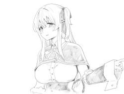 Rule 34 | 1girl, arm at side, assault lily, black ribbon, blush, breasts, buttons, capelet, collared shirt, cropped torso, detached sleeves, frilled sleeves, frills, greyscale, hair ribbon, hand up, high-waist skirt, kuo shenlin, large breasts, long hair, looking at viewer, monochrome, neck ribbon, one side up, parted lips, ribbon, school uniform, shirt, short sleeves, sidelocks, sideways glance, simple background, skirt, solo, su (sconbuoishi), upper body, white background, yurigaoka girls academy school uniform