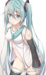 Rule 34 | 1girl, akira (been0328), aqua eyes, aqua hair, bad id, bad pixiv id, commentary request, cowboy shot, detached sleeves, hair between eyes, hatsune miku, highres, long hair, looking at viewer, necktie, no pants, number tattoo, open clothes, open shirt, panties, panty pull, revision, shoulder tattoo, simple background, solo, striped clothes, striped panties, tattoo, thighhighs, twintails, underwear, very long hair, vocaloid, white background