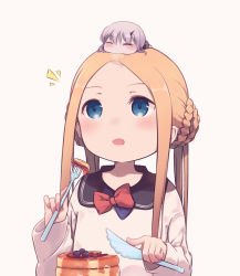 Rule 34 | 2girls, abigail williams (fate), absurdres, black sailor collar, blonde hair, blue bow, blue eyes, blueberry, blush, bow, braid, chibi, chibi on head, closed eyes, commentary request, daisi gi, double bun, drooling, fate/grand order, fate (series), food, forehead, fork, fruit, grey background, grey hair, hair between eyes, hair bun, highres, holding, holding fork, holding knife, horns, knife, lavinia whateley (fate), long hair, long sleeves, mini person, minigirl, multiple girls, notice lines, on head, open mouth, pancake, pancake stack, parted bangs, red bow, sailor collar, saliva, school uniform, serafuku, shirt, simple background, single horn, sleeves past wrists, syrup, twintails, upper body, white shirt