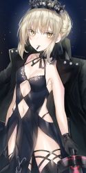 Rule 34 | 1girl, absurdres, artoria pendragon (all), artoria pendragon (alter swimsuit rider) (third ascension) (fate), artoria pendragon (fate), bare shoulders, black coat, black dress, black gloves, black thighhighs, blonde hair, breasts, clothing cutout, coat, coat on shoulders, cowboy shot, dress, excalibur morgan (fate), fate/grand order, fate (series), gloves, halter dress, halterneck, highres, holding, holding sword, holding weapon, kanniiepan, looking at viewer, mouth hold, navel, navel cutout, pelvic curtain, revealing clothes, saber alter, sidelocks, sleeveless, sleeveless dress, small breasts, solo, standing, sword, thighhighs, tiara, weapon, yellow eyes