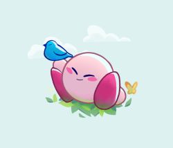 Rule 34 | bird, blue bird, blush, bug, butterfly, cloud, cloudy sky, commentary, daycolours, english commentary, closed eyes, grass, insect, kirby, kirby (series), nintendo, sky, smile, wings