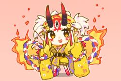 Rule 34 | 1girl, :d, barefoot, blonde hair, blush stickers, brown eyes, chibi, commentary, facial mark, fate/grand order, fate (series), fire, full body, horns, ibaraki douji (fate), japanese clothes, kimono, long hair, long sleeves, looking at viewer, mochii, oni, oni horns, open mouth, outstretched arms, pink background, simple background, sleeves past wrists, smile, solo, spread arms, standing, very long hair, wide sleeves, yellow kimono