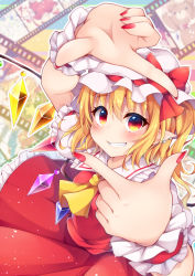 Rule 34 | 1girl, absurdres, ascot, blonde hair, blush, crystal, earclip, eyelashes, flandre scarlet, frilled skirt, frills, grin, hat, hat ribbon, highres, miy@, mob cap, nail polish, pointy ears, ponytail, puffy short sleeves, puffy sleeves, red eyes, red skirt, red vest, ribbon, short hair, short sleeves, side ponytail, skirt, skirt set, smile, solo, touhou, vest, white hat, wings, yellow ascot