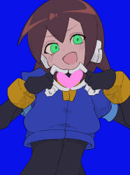 Rule 34 | 1girl, absurdres, aile (mega man zx), black bodysuit, blue background, bodysuit, bodysuit under clothes, brown hair, buzzlyears, cropped jacket, glowing, glowing eyes, green eyes, heart, heart hands, heart in heart hands, highres, looking at viewer, mega man (series), mega man zx, open mouth, robot ears, short hair, simple background, smile, solo, upper body