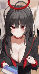 Rule 34 | 1girl, absurdres, ahoge, black hair, black nails, black wings, blue archive, blush, book, breasts, choker, cleavage, collarbone, halo, highres, holding, holding book, large breasts, long hair, looking at viewer, neckerchief, pleated skirt, pov, raised eyebrows, red choker, red eyes, sailor collar, school uniform, serafuku, seya (sseya33), shy, skirt, solo, sweat, tsurugi (blue archive), undone neckerchief, wavy mouth, wings