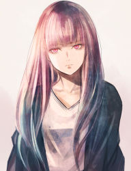 Rule 34 | 1girl, closed mouth, collarbone, frown, grey background, grey jacket, jacket, long hair, looking at viewer, open clothes, open jacket, original, pink eyes, pink hair, shirt, simple background, solo, straight hair, sushi (sashimise), upper body, very long hair, white shirt