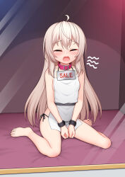 1girl ahoge barefoot blush bottomless closed_eyes collar cuffs feet huoji_(wonderturkey) in_container loli long_hair open_mouth original shirt sign sign_around_neck sitting slave solo thighs toes white_hair white_shirt yawning