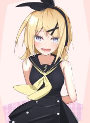 Rule 34 | 1girl, arms behind back, bare shoulders, black bow, black dress, blonde hair, blue eyes, bow, collarbone, commentary, dress, hair bow, hair ornament, hairclip, headphones, highres, kagamine rin, looking at viewer, neckerchief, open mouth, pink background, short hair, sleeveless, sleeveless dress, smile, solo, swept bangs, thinker25075754, treble clef, upper body, vocaloid, sour model (mikumikudance), yellow neckerchief