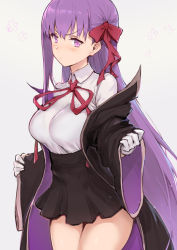 Rule 34 | 10s, 1girl, bb (fate), bb (fate/extra), black coat, black skirt, blush, breasts, closed mouth, coat, dress shirt, fate/extra, fate/extra ccc, fate (series), gloves, grey background, hair ribbon, haoni, high-waist skirt, hip focus, large breasts, long hair, looking at viewer, neck ribbon, off shoulder, open clothes, open coat, purple eyes, purple hair, red ribbon, ribbon, shirt, simple background, skirt, solo, thighs, very long hair, white gloves, wide sleeves