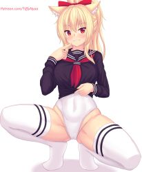 Rule 34 | 1girl, animal ears, black shirt, blonde hair, blush, bow, cameltoe, cat ears, cat girl, commentary, covered navel, english commentary, full body, hair bow, hair ornament, highres, long hair, long sleeves, no pants, nottytiffy, one-piece swimsuit, original, parted lips, patreon username, ponytail, red bow, red eyes, school uniform, serafuku, shirt, simple background, slit pupils, smile, spread legs, squatting, swimsuit, swimsuit under clothes, thighhighs, thighs, tiffy (nottytiffy), white background, white one-piece swimsuit, white thighhighs