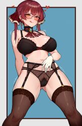 Rule 34 | 1girl, :q, absurdres, arm behind back, ascot, bespectacled, black bra, black garter belt, black panties, blush, border, bra, breasts, female pubic hair, garter belt, glasses, gloves, heart, heterochromia, highres, hololive, houshou marine, large breasts, looking at viewer, navel, panties, pubic hair, red ascot, red eyes, red hair, solo, thighhighs, thighs, tongue, tongue out, twintails, underwear, underwear only, varniskarnis, virtual youtuber, white border, white gloves