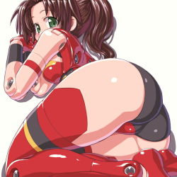 Rule 34 | 10s, 1girl, armband, ass, bad id, bad pixiv id, bare shoulders, black hair, blush, boots, breasts, brown hair, busou shinki, dd (ijigendd), doll joints, from below, from side, gloves, green eyes, high ponytail, joints, lancamento, leotard, long hair, looking at viewer, looking back, lying, medium breasts, on side, own hands together, ponytail, red footwear, red gloves, red leotard, red thighhighs, shadow, sideboob, simple background, solo, thigh boots, thighhighs, thighs, white background