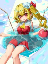 Rule 34 | 1girl, absurdres, apple, blonde hair, blush, breasts, bright pupils, crystal, dress, fang, feet out of frame, flandre scarlet, food, fruit, glowing, hat, highres, looking at viewer, medium breasts, mini hat, mob cap, one side up, parted lips, partially submerged, pointy ears, red dress, red eyes, short hair, skin fang, smile, solo, touhou, wings, zakozako y