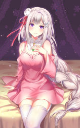 Rule 34 | 10s, 1girl, alternate costume, althea (sakiya0000), blunt bangs, blush, braid, braided ponytail, butterfly hair ornament, closed mouth, dress, emilia (re:zero), eyebrows, flower, garter straps, gem, glowing, hair flower, hair ornament, hair ribbon, hand on own chest, head tilt, highres, indoors, jewelry, lace, light particles, long hair, long sleeves, looking at viewer, on bed, pink dress, purple eyes, re:zero kara hajimeru isekai seikatsu, red ribbon, revision, ribbon, single braid, sitting, smile, snowflakes, solo, thighhighs, very long hair, white hair, white thighhighs, wide sleeves