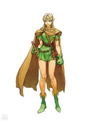Rule 34 | 1girl, bag, bare legs, belt, between breasts, blonde hair, boots, breasts, cape, dungeons &amp; dragons: shadow over mystara, dungeons &amp; dragons, earrings, elf, forehead jewel, full body, gloves, green footwear, green gloves, highres, jewelry, large breasts, long hair, lucia (d&amp;d), nishimura kinu, official art, pointy ears, purple eyes, satchel, sheath, sheathed, shoulder pads, simple background, solo, standing, strap between breasts, sword, tunic, watermark, weapon, white background