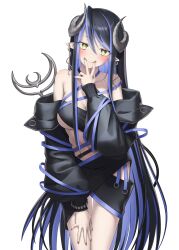 Rule 34 | 1girl, absurdres, bandeau, belt, black bandeau, black belt, black hair, black jacket, black skirt, blue belt, blue hair, blush, breasts, brown nails, chest belt, cleavage, closed mouth, commentary request, cowboy shot, curled horns, demon girl, demon horns, demon tail, earrings, fangs, grey horns, hair between eyes, hand on own thigh, head tilt, hebiyoi tier, hebiyoi tier (1st costume), highres, hip vent, horns, i namatsu, jacket, jewelry, large breasts, leaning forward, long bangs, long hair, long sleeves, looking at viewer, multicolored hair, nanashi inc., navel, off shoulder, open clothes, open jacket, pointy ears, sidelocks, simple background, skirt, smile, snake bite, solo, spread lips, tail, transparent background, two-tone hair, very long hair, virtual youtuber, yellow eyes