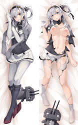 Rule 34 | + +, 1girl, ahoge, arm at side, bed sheet, black footwear, black hairband, black panties, blue eyes, blush, boots, breasts, breasts out, burnt clothes, chou-10cm-hou-chan (suzutsuki&#039;s), clothes writing, collarbone, corset, crossed bandaids, dakimakura (medium), elbow gloves, feet, from above, full body, gloves, hairband, head tilt, high heel boots, high heels, highres, jacket, jacket on shoulders, kantai collection, knee boots, knee up, kochipu, long hair, looking at viewer, looking up, lying, medium breasts, miniskirt, multiple views, navel, neckerchief, nipples, no bra, no shoes, on back, on side, one side up, panties, pantyhose, parted lips, pleated skirt, pocket, puffy short sleeves, puffy sleeves, robot, school uniform, serafuku, short sleeves, silver hair, simple background, single glove, skirt, smile, stomach, suzutsuki (kancolle), torn clothes, torn gloves, torn legwear, torn skirt, turret, underwear, white background, white gloves, white neckerchief, white pantyhose, white skirt