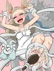 Rule 34 | 1girl, bare shoulders, barefoot, blue footwear, blush, brown eyes, brown hair, clenched hands, collarbone, creatures (company), dress, feet, female focus, flat chest, tickling feet, forehead, full body, game freak, gen 7 pokemon, hair bobbles, hair brush, hair ornament, half-closed eye, highres, jasmine (pokemon), legs together, long hair, matching hair/eyes, motion lines, nihilego, nintendo, nose blush, one eye closed, open mouth, pink background, pokemon, pokemon (creature), pokemon gsc, restrained, saliva, sandals, shiny skin, simple background, sleeveless, sleeveless dress, smile, solo focus, sweat, tears, teeth, tentacles, toes, tomoshibi, tongue, transparent, trembling, ultra beast, unworn sandals, white dress