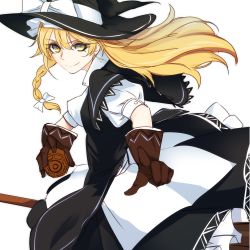 Rule 34 | &gt;:), 1girl, adapted costume, bad id, bad twitter id, black dress, blonde hair, bow, braid, broom, brown gloves, capelet, dress, foreshortening, gloves, hair bow, hat, hat bow, kirisame marisa, long hair, looking at viewer, mini-hakkero, pointing, pointing at viewer, puffy short sleeves, puffy sleeves, short sleeves, shukusuri, side braid, single braid, solo, touhou, v-shaped eyebrows, white bow, witch hat, yellow eyes