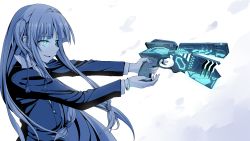 Rule 34 | 1girl, absurdres, aiming, blue theme, blunt bangs, bracelet, dominator (gun), flask (pandora), from side, glowing, glowing eyes, gun, highres, holding, holding gun, holding weapon, jacket, jewelry, kotonoha aoi, long hair, long sleeves, monochrome, parted lips, psycho-pass, sideways mouth, smile, solo, spot color, trigger discipline, upper body, voiceroid, weapon, white background