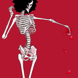 Rule 34 | 1boy, afro, black hair, brook (one piece), flower, male focus, nude, one piece, petals, red background, ribs, rose, skeleton, skull, solo, standing