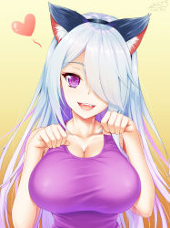 Rule 34 | 1girl, animal ears, bare shoulders, blush, breasts, cat ears, cleavage, collarbone, commentary request, dated, eyelashes, fake animal ears, fangs, hair over one eye, hands up, heart, highres, large breasts, long hair, looking at viewer, open mouth, original, paw pose, purple eyes, purple shirt, shirt, signature, silver hair, simple background, sleeveless, sleeveless shirt, smile, solo, upper body, yellow background, yuunagi (0217)