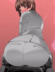 Rule 34 | 1girl, animated, animated gif, ass, blush, brown eyes, brown hair, buttjob, buttjob over clothes, formal, from behind, frottage, grinding, huge ass, hybrid animation, looking at viewer, looking back, name john, office lady, pants, pov, rubbing, short hair, suit